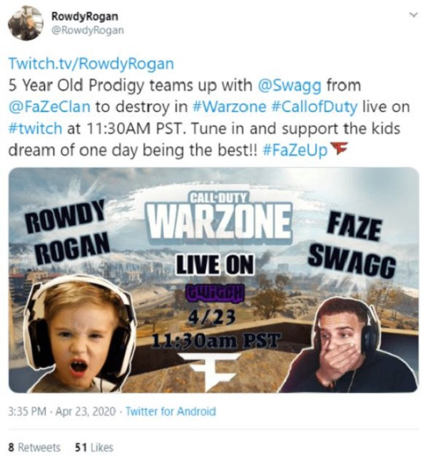 Thậm chí, trong màn đo ván solo cùng FaZe Apex - chủ sở hữu của FaZe clan, thần đồng Call of Duty nhí hạ gục đối phương 3 lần liên tiếp chỉ trong vỏn vẹn 38 giây. Trong buổi livestream mới nhất, Rogan còn bắt tay với một tuyển thủ Call of Duty: Warzone khác của Faze Clan là Swagg hủy diệt toàn bộ bản đồ.