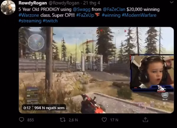 Cộng đồng Call of Duty: Warzone mới khám phá ra cậu nhóc "thần đồng" của dòng game này, thậm chí còn được ưu ái đặt cho biệt danh là Shroud phiên bản nhí. Thần đồng game 5 tuổi mang tên Rogan, bắt đầu nổi tiếng từ những clip highlight tải lên trên mạng xã hội.