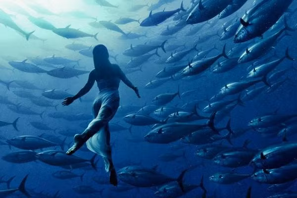 Vận động viên bơi lội Nhật Bản bên đàn cá khổng lồ dưới đại dương.