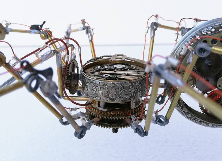 Hàng tuần, anh ấy đến một khu chợ trời gần nhà ở Budapest, nơi anh ấy tìm kiếm tất cả các loại bộ phận cơ khí cổ điển mà mình có thể sử dụng để tạo ra một bầy nhện steampunk của mình.