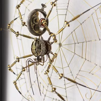 Từ những bộ phận cơ khí của các vật dụng cổ hoặc đã bỏ đi như đồng hồ, máy ảnh, thiết bị y tế... Peter chọn lọc rồi ghép lại với nhau trong không gian làm việc của mình để tạo ra những con nhện có khớp nối.