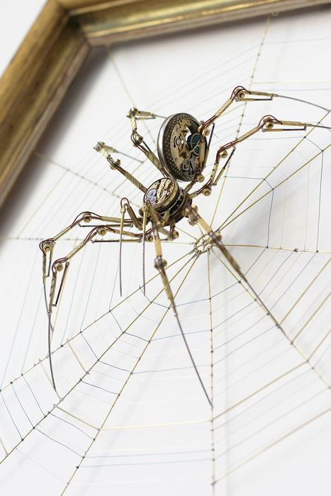 Người nghệ sĩ thường săn lùng các bộ phận cơ khí cổ điển từ đồng hồ cũ, máy ảnh hoặc thiết bị y tế, sau đó anh ấy ghép lại với nhau trong studio của mình để tạo ra tất cả các loại nhện có khớp nối.