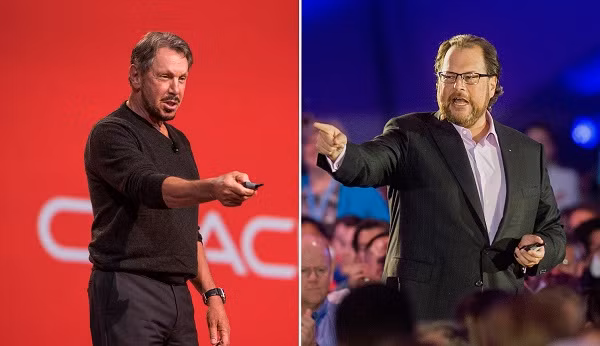  Marc Benioff và Larry Ellison: Ellison (bên phải) và Marc Benioff (bên trái) gặp nhau từ những năm cả hai còn đôi mươi. Benioff làm việc cho Oracle 26 năm, trở thành “cánh tay phải” đắc lực của Ellison và cả hai thân thiết đến mức có tin đồn cho rằng họ đang “hẹn hò”.