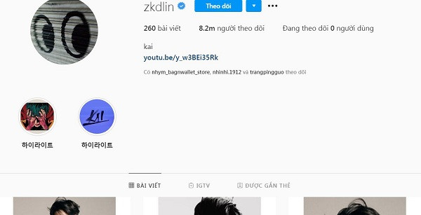 Tài khoản Instagram của EXO's Kai với ảnh đại diện vui nhộn cùng tên là các ký tự tiếng Anh từ tên tiếng Hàn của anh