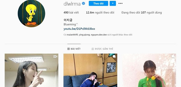 Tên tài khoản Instagram của IU là các ký tự tiếng Anh tương ứng với tên tiếng Hàn của cô trên bàn phím. Cùng với ảnh đại diện chú vịt anime xinh xắn, khó mà tin rằng đây là Instagram của một sao Hàn đình đám.