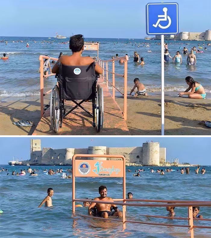 Bãi biển tại thành phố Kızkalesi, Thổ Nhĩ Kỳ có một đường dốc giúp những người ngồi xe lăn có thể tắm biển.
