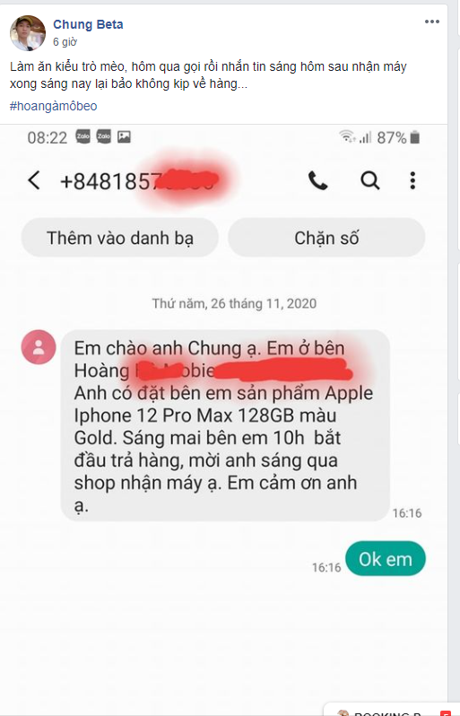 Một khách hàng tố Hoàng Hà Mobile "lật mặt" khi đơn vị này báo hết hàng, đối lập với tin nhắn thông báo chắc chắn ngày hôm trước.