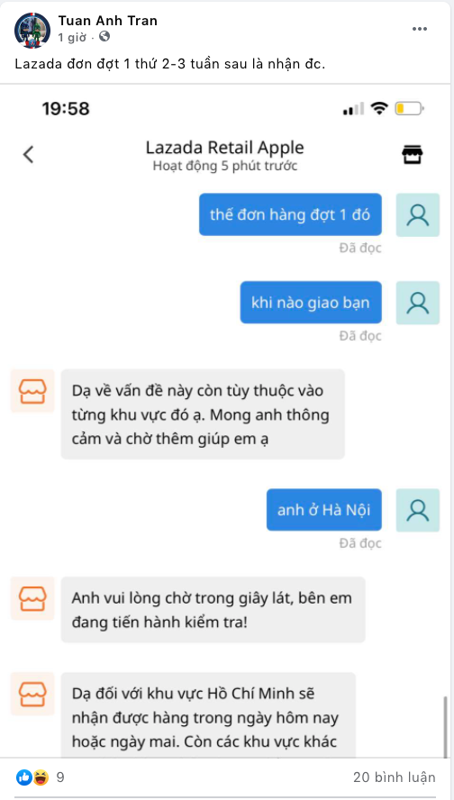 Lazada trả lời một cách mập mờ, không chắc chắn về thời gian giao hàng bất chấp việc nhận cọc và trạng thái đã chuyển sang "đã nhận".