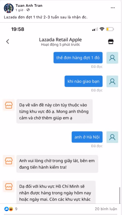 Lazada trả lời một cách mập mờ, không chắc chắn về thời gian giao hàng bất chấp việc nhận cọc và trạng thái đã chuyển sang "đã nhận".