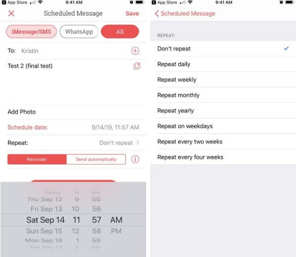 Sau khi tải về, bật ứng dụng và chọn dấu “+” bên góc màn hình phải để tạo tin nhắn mới. Chọn số điện thoại cần gửi, ngày giờ gửi để kết thúc việc hẹn giờ gửi tin nhắn.