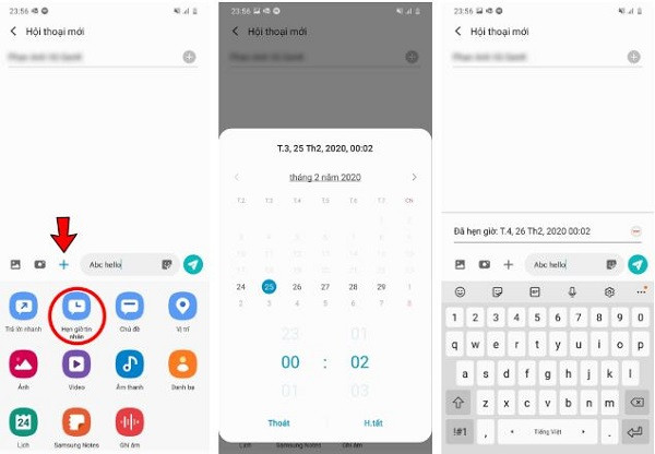 Bước 1: Mở ứng dụng tin nhắn trên điện thoại, soạn tin nhắn như bình thường. Sau đó lựa chọn biểu tượng “+”, hoặc ở một số smartphone là biểu tượng dấu ba chấm và chọn tính năng “Hẹn giờ tin nhắn”.