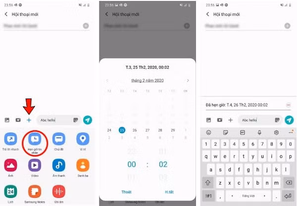 Bước 1: Mở ứng dụng tin nhắn trên điện thoại, soạn tin nhắn như bình thường. Sau đó lựa chọn biểu tượng “+”, hoặc ở một số smartphone là biểu tượng dấu ba chấm và chọn tính năng “Hẹn giờ tin nhắn”.