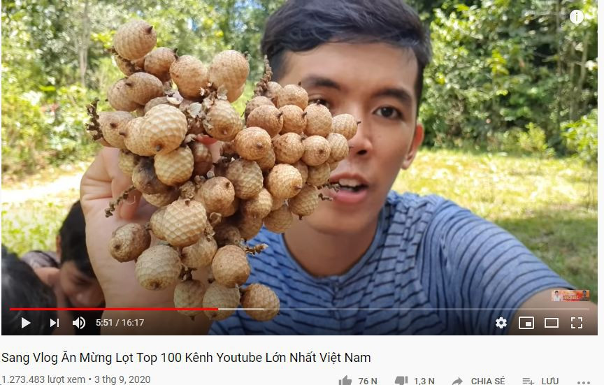 Vừa qua, Sang Vlog đã đón nhận tin mừng khi kênh YouTube lọt top 100 kênh lớn nhất Việt Nam. Cụ thể, vào ngày 3/9 Youtuber nghèo nhất Việt Nam đã đăng tải một video ăn mừng thành tích này, hiện đạt gần 1,3 triệu lượt xem.