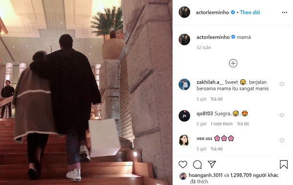 Bức ảnh nhanh chóng nhận được lượng like và bình luận khủng bởi đây là lần đầu tiên Lee Min Ho đăng ảnh chụp cùng một người phụ nữ ngoài mẹ ruột của mình.