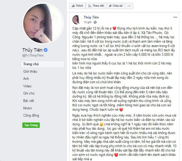 Ngày hôm qua, Thủy Tiên công khai chia sẻ trên trang cá nhân danh sách những "mạnh thường quân", cũng như quá trình lắp máy lọc nước tại một số tỉnh miền Tây. Cô thông báo máy đã chở đến điểm khảo sát đầu tiên ở khu sinh hoạt chung ấp 4, Xã Tân Phước, Gò Công, có thể dùng trong 5 năm.