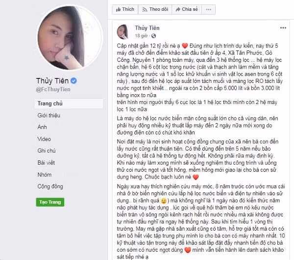 Ngày hôm qua, Thủy Tiên công khai chia sẻ trên trang cá nhân danh sách những "mạnh thường quân", cũng như quá trình lắp máy lọc nước tại một số tỉnh miền Tây. Cô thông báo máy đã chở đến điểm khảo sát đầu tiên ở khu sinh hoạt chung ấp 4, Xã Tân Phước, Gò Công, có thể dùng trong 5 năm.