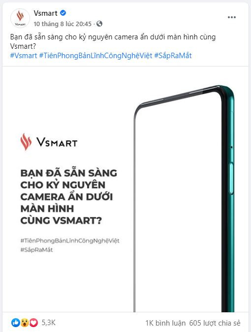 Vsmart chia sẻ về chiếc điện thoại camera ẩn dưới màn hình của mình có thể sẽ mang tên Vsmart Lux.