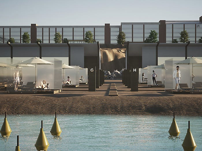 Tương tự, mặt biển cũng được chia thành các ô tắm với những phao nổi để người đi biển xác định được khoảng cách an toàn.