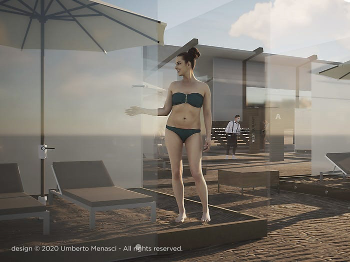 Mọi liên hệ đặt dịch vụ được thực hiện qua ứng dụng. Các khu vực nghỉ ngơi, tắm nắng được chia thành các khoang có tường kính để hạn chế tiếp xúc giữa khách du lịch.