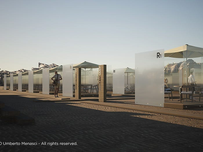 Đây là một ý tưởng sử dụng các khối hộp làm bằng kính acrylic để chia bãi biển thành nhiều khu vực khác nhau, giúp khách du lịch vừa tắm biển mà vẫn đảm bảo quy định cách ly xã hội.