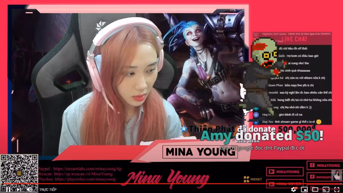 Mới đây sau 3 tháng nhận án phạt, nữ streamer Mina Young đã chính thức livestream trở lại trên YouTube. Sự trở lại này của cô nàng đã nhận được sự quan tâm của fan hâm mộ. Ảnh: Chụp màn hình