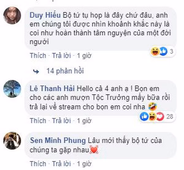 Khỏi phải nói bài đăng nhận được tương tác khủng thế nào từ người hâm mộ. Sau chưa đầy một ngày, đến nay hình ảnh tứ hoàng streamer tụ họp đã nhận được gần 400 nghìn lượt like, fan rần rần bình luận tỏ vẻ hào hứng vì đã rất lâu mới được thấy hình ảnh chung của các thần tượng.