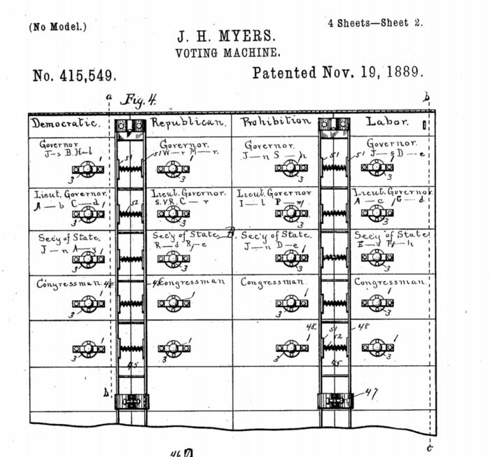 Năm 1889, Jacob Myer tại New York được cấp bằng sáng chế cho máy bỏ phiếu đòn bẩy (lever voting machine). Được gọi là Myers Automatic Booth, hệ thống này giúp giảm đáng kể thời gian bỏ phiếu, tránh gian lận. Đến những năm 1930, nó được sử dụng rộng rãi khắp các thành phố lớn tại Mỹ.