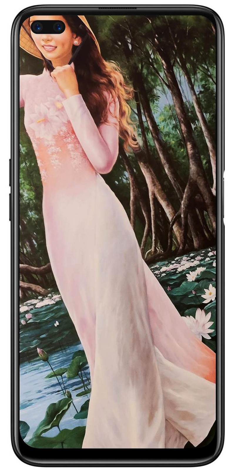 Một người dùng tự thiết kế mẫu hình nền cho riêng mình với chiếc Realme 6 Pro. 2 camera kép trở thành đôi mắt của cô gái làm hình nền.