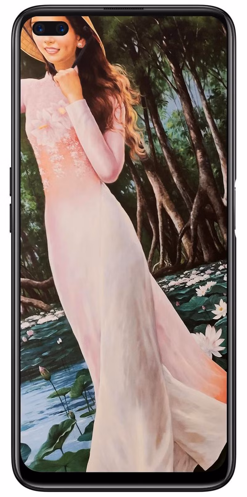 Một người dùng tự thiết kế mẫu hình nền cho riêng mình với chiếc Realme 6 Pro. 2 camera kép trở thành đôi mắt của cô gái làm hình nền.