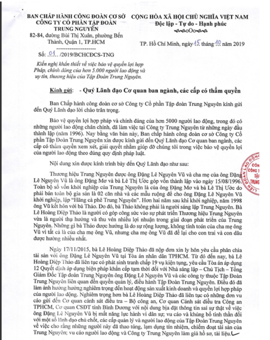 5.000 nhân viên Trung Nguyên viết đơn tố cáo bà Diệp Thảo vu khống, bịa đặt 5.000 nhan vien Trung Nguyen viet don to cao ba Diep Thao vu khong, bia dat