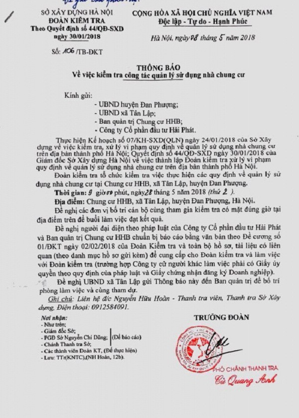 Thông báo kiểm tra công tác quản lý sử dụng nhà chung cư tại tòa chung cư HHB thuộc Khu đô thị Tân Tây Đô. Ảnh: TH&PL.