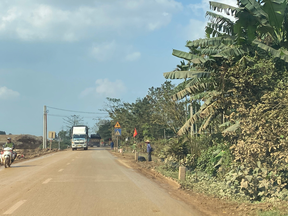 Bụi bẩn nhuộm trắng hàng cây dọc tuyến đường Hồ Chí Minh đoạn qua thôn Xuân Hoà.