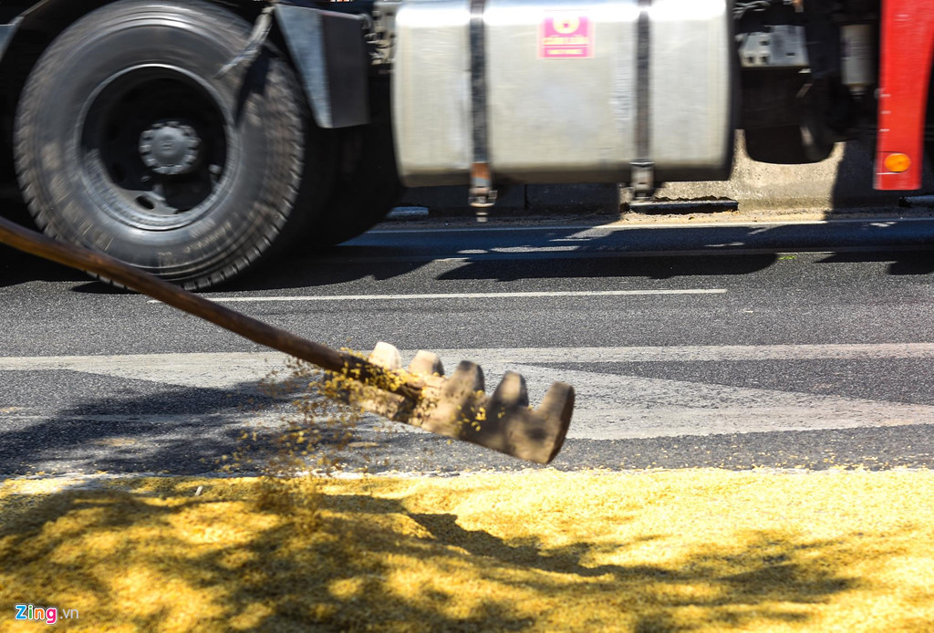 Nông cụ cào lúa của nông dân Bình Định sát với bánh xe đầu kéo container. Trung tá Ngô Đức Hoài, Phó trưởng phòng Cảnh sát giao thông đường bộ - đường sắt (Công an tỉnh Bình Định), cho rằng việc phơi lúa trên quốc lộ 1 là quá nguy hiểm, không chỉ gây mất an toàn cho người tham gia giao thông mà còn nguy hiểm cho tính mạng chính bà con nông dân. Nhiều lúc bà con cứ lom khom phơi lúa trên đường, trên quốc lộ 1 lưu lượng phương tiện đi lại dày đặc nên dễ xảy ra tai nạn.