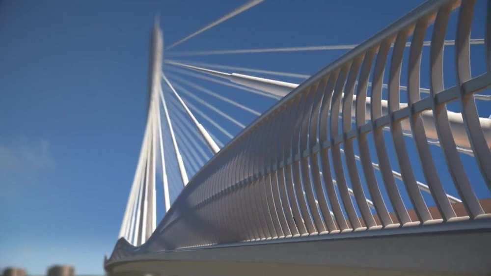 Cầu có lan can hình sóng biển, các trụ đèn chiếu sáng tạo nên hiệu ứng rừng đước khi đi qua