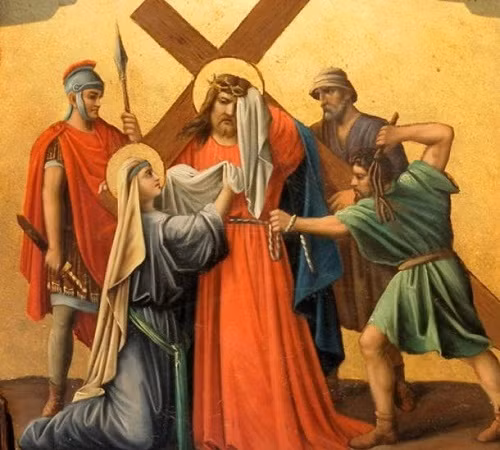 Theo các truyền thuyết, một người phụ nữ có tên Veronica dùng một chiếc khăn để lau máu và mồ hôi của Chúa Jesus khi Ngài thương tích đầy mình khi vác thập giá tới Calvary. Khuôn mặt của Chúa Jesus được cho là đã in lên chiếc khăn, làm cho nó có khả năng chữa bệnh.