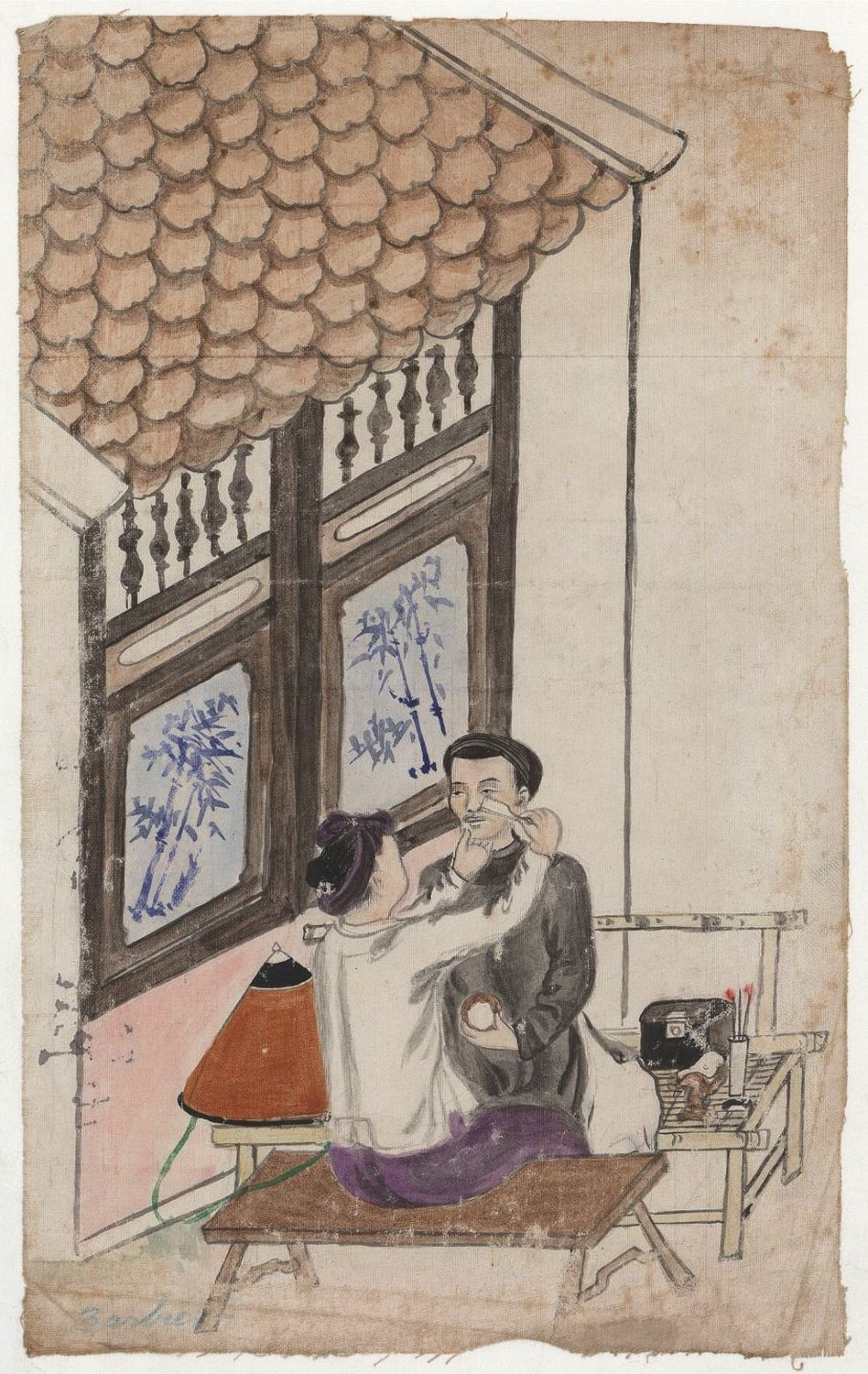 Bức tranh khắc họa một phụ nữ làm nghề cắt tóc, cạo râu, lấy ráy tai cho khách vào hơn 100 năm trước.