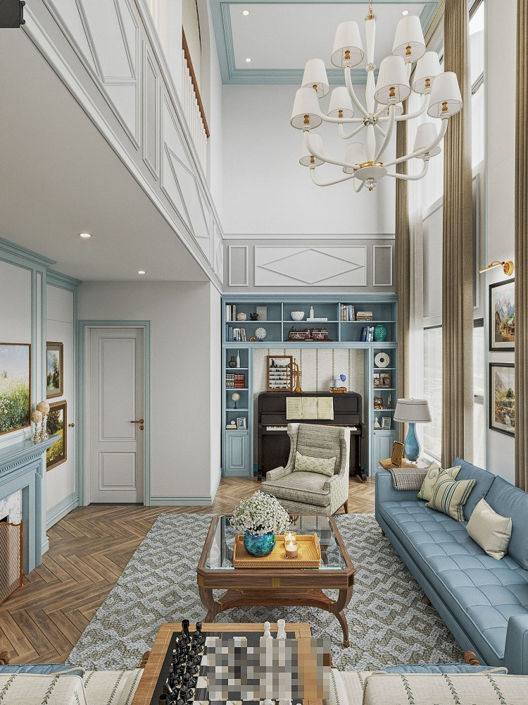 Phòng khách tích hợp khu vui chơi, giải trí và chơi đàn. Đường phào chỉ ở tường, cửa tuy đơn giản nhưng giúp không gian thêm tinh tế. Khoảng thông tầng cao ráo được treo đèn chùm màu trắng thanh lịch.