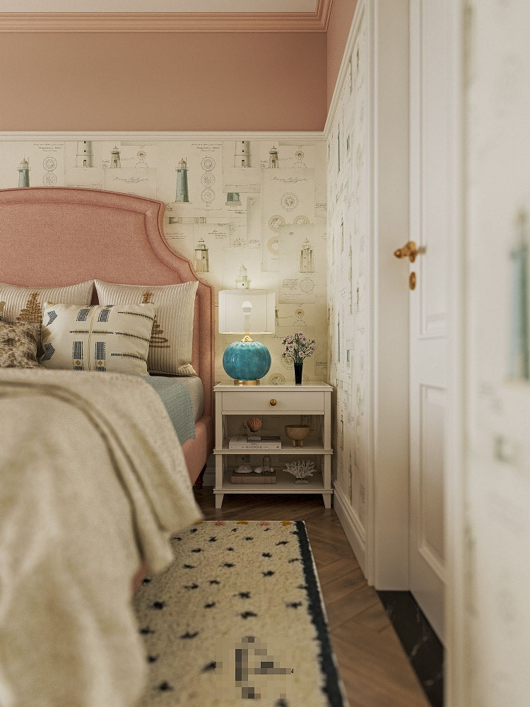 Chi tiết nhỏ từ đèn ngủ, chăn ga, giấy dán tường đều rất chỉn chu. Gam hồng với sắc độ vừa phải, không bị rực rỡ hay quá gắt.