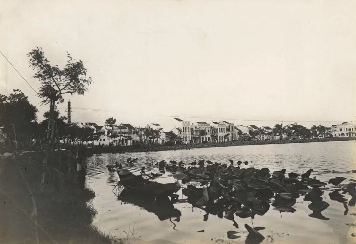 Hồ Hoàn Kiếm thơ mộng. Nhiều ngôi nhà nằm sát bên bờ hồ.