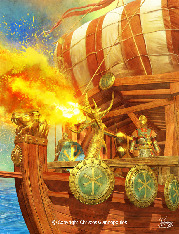 "Ngọn lửa Hy Lạp" hoạt động giống như ống tiêm, đẩy hỗn hợp gây cháy về phía tàu địch. Vũ khí này vô cùng đáng sợ khi có khả năng bám vào mọi bề mặt để gây cháy trên diện rộng. Nó rất hiệu quả khi tấn công tàu thuyền của kẻ địch.