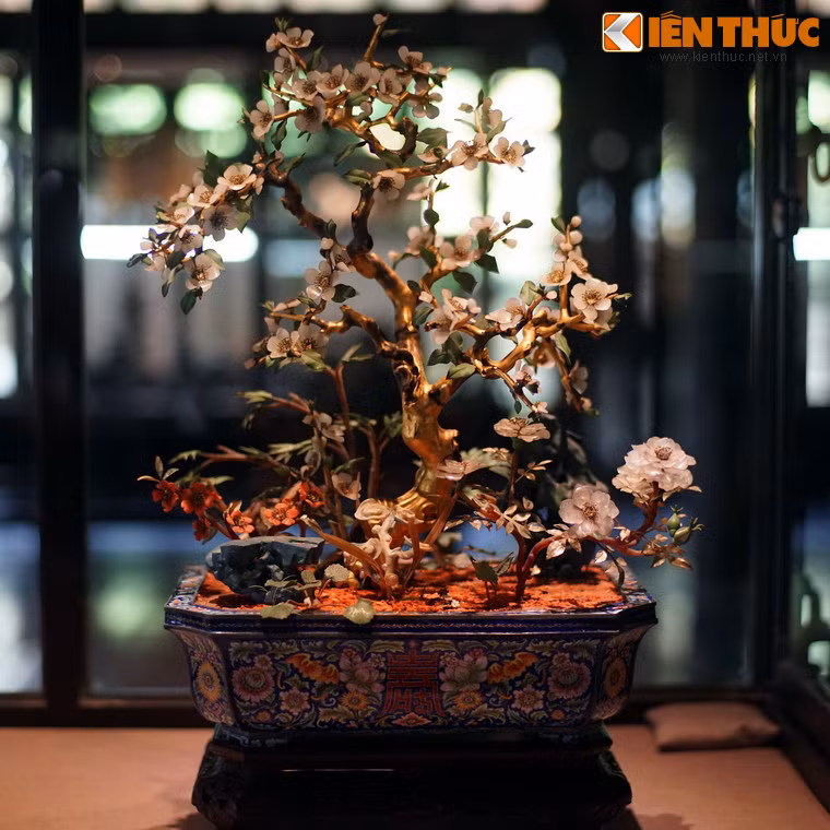 Nổi bật trong các cây "cành vàng lá ngọc" ở bảo tàng là một cây mai trắng, được coi là hoàn chỉnh và đẹp nhất trong hệ thống cành vàng lá ngọc hiện đang lưu giữ ở Huế. (Hình ảnh được thực hiện với sự đồng ý của Trung tâm Bảo tồn Di tích Cố đô Huế).