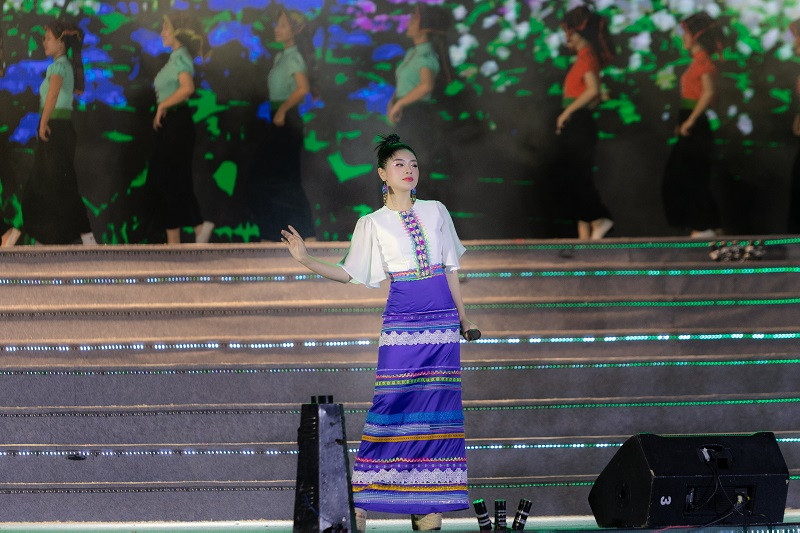 Với giọng ca đầy nội lực, nữ ca sĩ thu hút sự chú ý của du khách tại sự kiện.