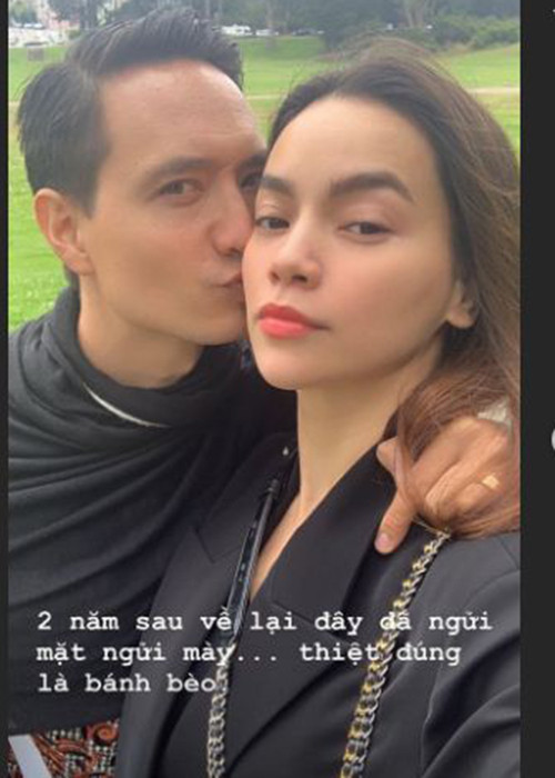 "2 năm trước lúc chàng mới cưa cẩm ở Napa, lúc ấy còn ngửi hoa ngửi lá. 2 năm sau về lại đây đã ngửi mặt ngửi mày. Thật đúng là bánh bèo", Hà Hồ tâm sự.