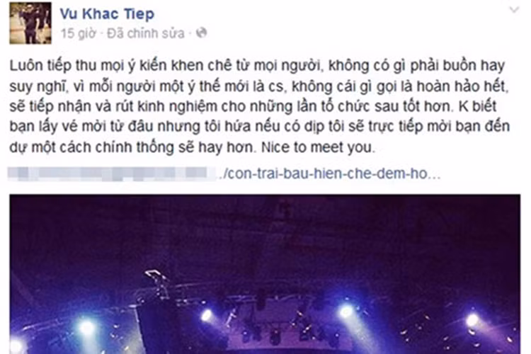Về phía mình, Vũ Khắc Tiệp nói rằng anh sẽ rút kinh nghiệm cho những lần tổ chức sau tốt hơn. Đặc biệt, ông trùm chân dài còn "đá xoáy" Đỗ Quang Vinh không phải là khách mời của chương trình.