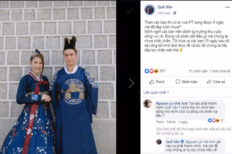 Giữa ồn ào dao kéo của Việt Anh, Quế Vân liên tục lên tiếng bênh vực nam diễn viên.