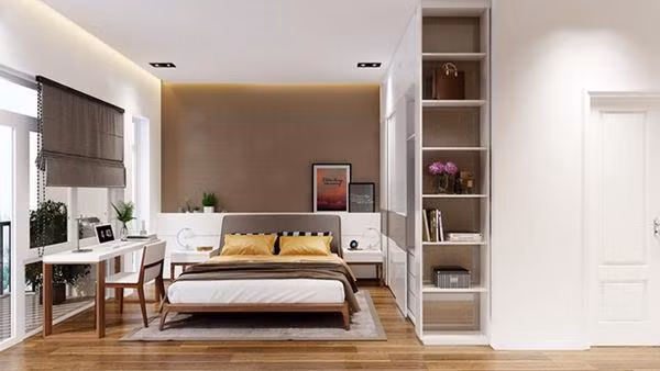 Không gian phòng ngủ rộng mở tràn ngập ánh sáng từ bên ngoài vào.