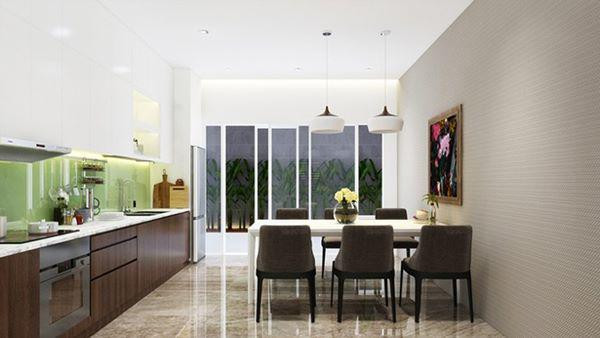 Ánh sáng từ phía ngoài chiếu sáng khắp căn phòng. Sử dụng cửa kính rộng lớn tạo cảm giác hòa mình với thiên nhiên.