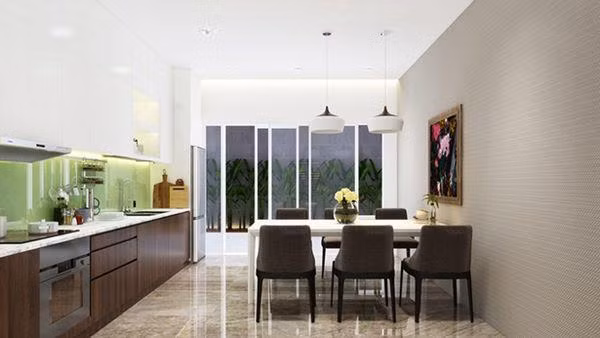 Ánh sáng từ phía ngoài chiếu sáng khắp căn phòng. Sử dụng cửa kính rộng lớn tạo cảm giác hòa mình với thiên nhiên.