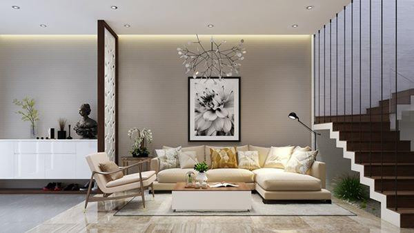 Màu sắc nội thất phòng khách hài hòa, ấm cúng.