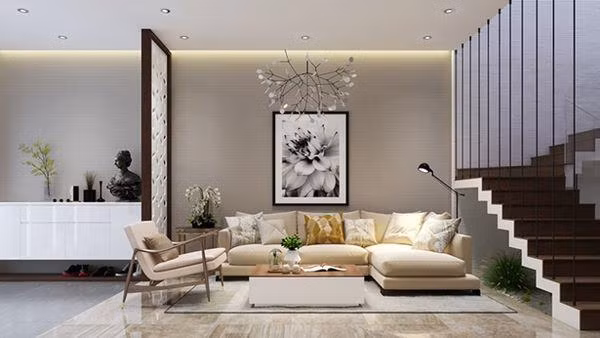 Màu sắc nội thất phòng khách hài hòa, ấm cúng.